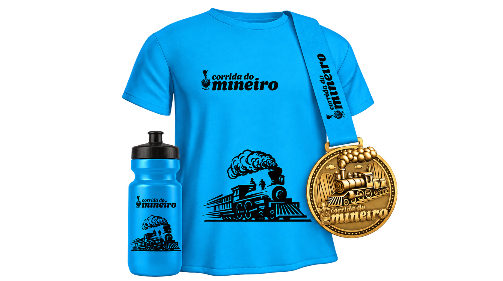 Kit do atleta: camiseta azul, squeeze e medalha da Corrida do Mineiro